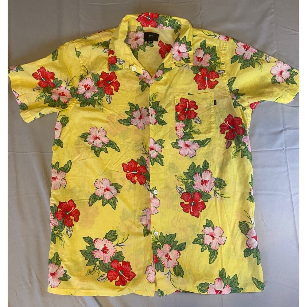 Obey Floral Hibiscus Shirt Mens Medium Yellow Short Sleeve Tropical Vacation‎